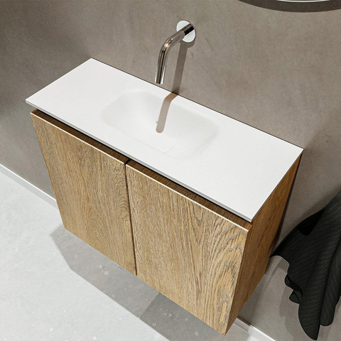 MONDIAZ TURE Kit lave-mains - 60x23x50cm - 0 trous de robinet - 2 portes - chêne blanchi mat - Lavabo centré - Solid Surface Blanc SW475151
