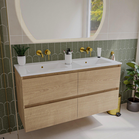 Saniclass Holz Atelier Meuble de salle de bain - 120x45x60cm - lavabo en céramique blanc - 2 vasques - sans trous de robinet - 2 tiroirs - Chêne Natural SW1437732
