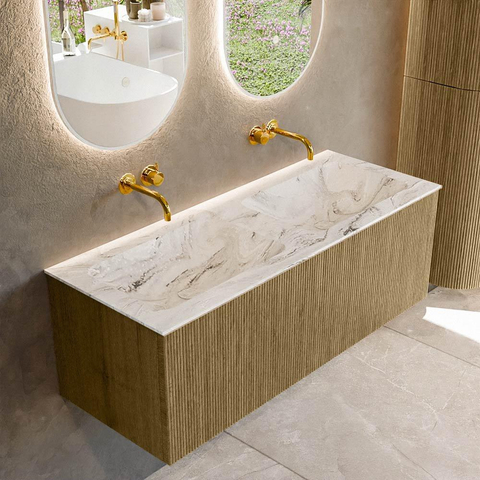 Mondiaz KURVE-DLUX Ensemble meuble de salle de bains - 120x46x40cm - 1 tiroir - lavabo solid surface - double - sans trou de robinet - Dusk SW1415505