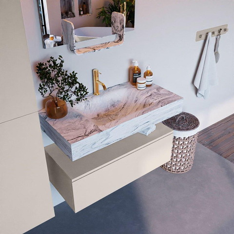 Mondiaz ALAN-DLUX Ensemble de meuble - 90cm - meuble Linen mat - 1 tiroir - Lavabo Cloud Glace suspendu - vasque Centre - 1 trou de robinet SW805767