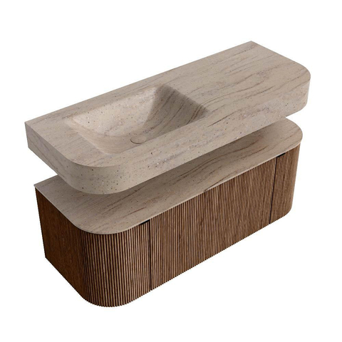 MONDIAZ THOR-DLUX 120cm badmeubel ronding links + rechts kleur Walnut met 1 lade en 2 deuren. Vrijhangende wastafel CLOUD Links zonder kraangat kleur Saba. SW1463458