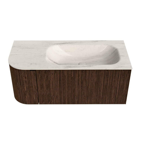 MONDIAZ KURVE-DLUX Meuble de salle de bains 105cm arrondi à gauche couleur Walnut avec 1 tiroir et 1 porte. Lavabo BIG SMALL à droite sans trou de robinet Meli. SW1431664