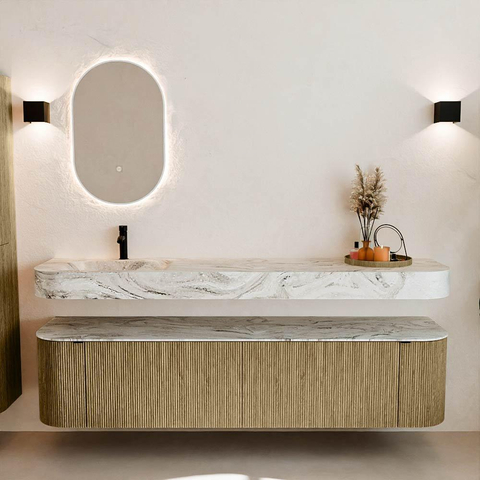 MONDIAZ THOR-DLUX Meuble de salle de bains 190cm arrondi gauche + droite couleur Dusk avec 2 tiroirs et 2 portes. Vasque suspendue CLOUD Gauche 1 trou de robinet couleur Glace. SW1466463