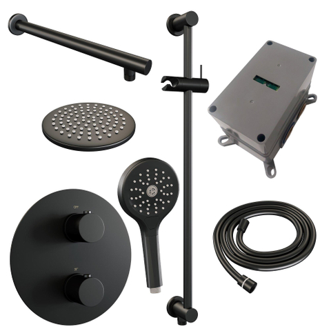 BRAUER Black Edition douche thermostatique encastrée - 3 voies - rond - ensemble 91 - douche principale de 20 cm - bras mural droit - douchette à main 3 positions - flexible de douche - barre de douche intégrée - noir mat SW1159216