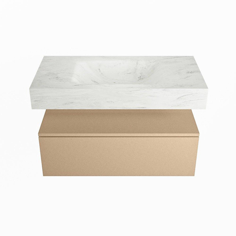Mondiaz ALAN-DLUX Ensemble de meuble - 90cm - meuble Oro mat - 1 tiroir - Lavabo Cloud Opalo suspendu - vasque Centre - 0 trous de robinet SW806888