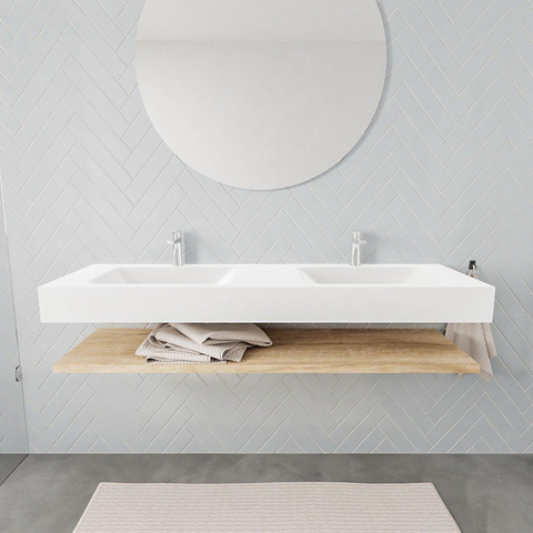 MONDIAZ ALAN 150cm - Ensemble meuble de salle de bains - tablette - chêne blanchi - lavabo suspendu - 2 vasques - 2 trous de robinet - talc SW408808