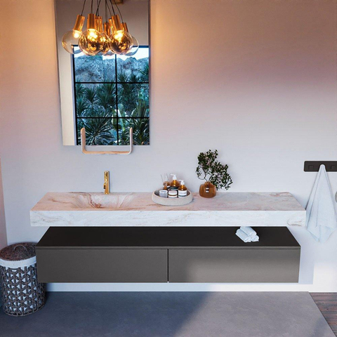 Mondiaz ALAN-DLUX Ensemble de meuble - 200cm - meuble Dark grey mat - 2 tiroirs - Lavabo Cloud Frappe suspendu - vasque Gauche - 1 trou de robinet SW804799