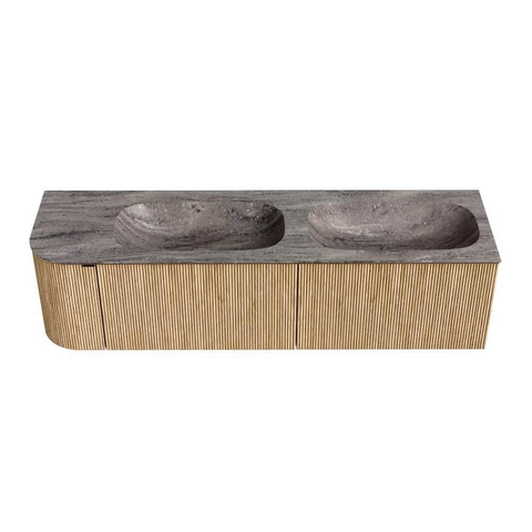 MONDIAZ KURVE-DLUX 165cm badmeubel ronding Links kleur Oak met 2 lades en 1 deur. Wastafel STOR SMALL Dubbel / Rechts zonder kraangat Oza. SW1432687