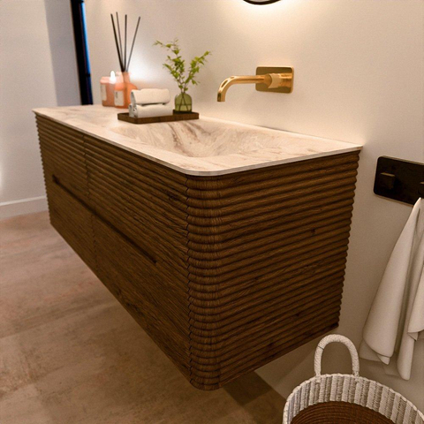 Mondiaz CIRO-DLUX Badkamermeubelset - 130x45x50cm - Solid surface wastafel Frappe - 1 wasbak Rechts - zonder kraangaten - 4 lades - Dusk SW1532824