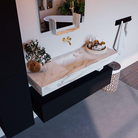 Mondiaz ALAN-DLUX Ensemble de meuble - 130cm - meuble Urban mat - 1 tiroir - Lavabo Cloud Frappe suspendu - vasque Centre - 0 trous de robinet SW805005