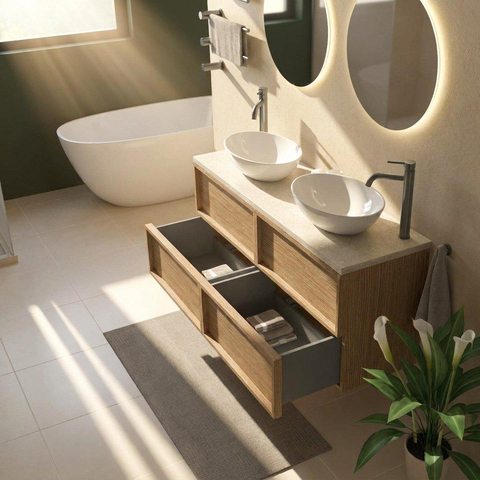 Saniclass Holz Frame Badkamermeubelset - 140x45x63cm - Travertine natuurstenen topblad - 2 kraangaten - 4 lades - mat eiken natural (hout) SW1580044