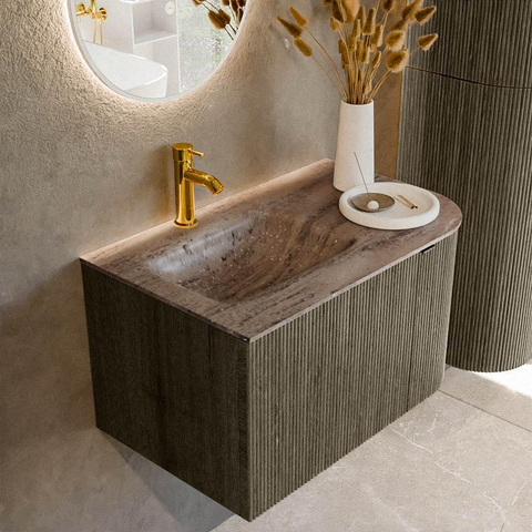 MONDIAZ KURVE-DLUX Meuble de salle de bains 75cm arrondi à droite couleur Shadow avec 1 tiroir et 1 porte. Lavabo GRUNNE à gauche 1 trou de robinet Oza. SW1432859