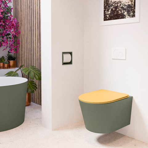 Mondiaz LAVIE hangtoilet – spoelrandloos – 36 x 53 cm – met softclose zitting – Army (groen), zitting Ocher (geel) SW1208660