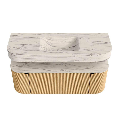 MONDIAZ THOR-DLUX 130cm badmeubel ronding links + rechts kleur Oak met 1 lade en 2 deuren. Vrijhangende wastafel CLOUD Midden zonder kraangat kleur Nata. SW1463829