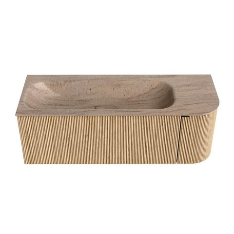 MONDIAZ KURVE-DLUX meuble de salle de bains 125cm arrondi à droite couleur chêne avec 1 tiroir et 1 porte. Vasque BIG MEDIUM à gauche sans trou de robinetterie Saba. SW1433076