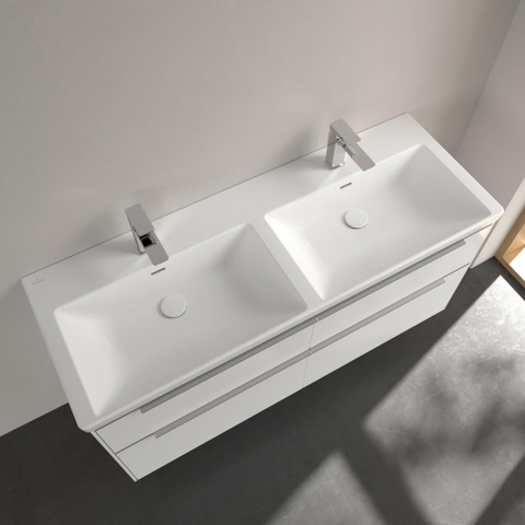 Villeroy & Boch Subway 3.0 meubelwastafel dubbel - 1300x470mm - 2 kraangaten - met overloop CeramicPlus - Stone White (mat wit) SW641530