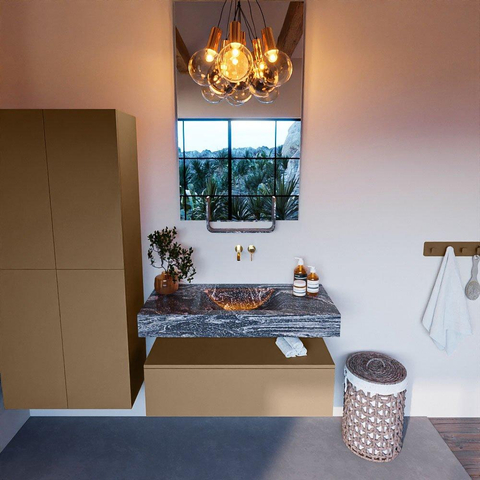 Mondiaz ALAN-DLUX Ensemble de meuble - 100cm - meuble Oro mat - 1 tiroir - Lavabo Cloud Lava suspendu - vasque Centre - 0 trous de robinet SW808864