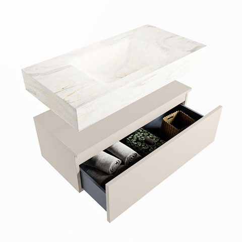 Mondiaz ALAN-DLUX Ensemble de meuble - 90cm - meuble Linen mat - 1 tiroir - Lavabo Cloud Ostra suspendu - vasque Centre - 1 trou de robinet SW807169