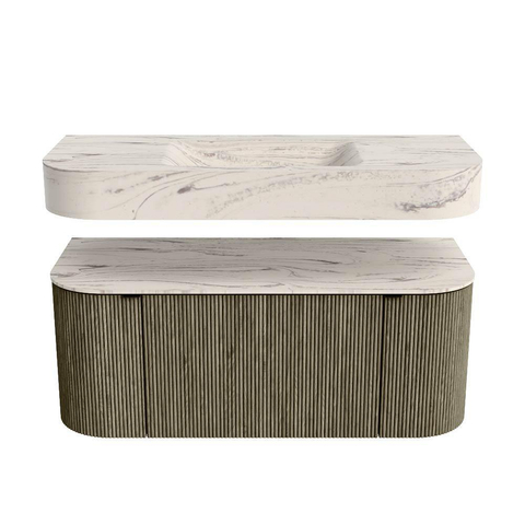 MONDIAZ THOR-DLUX Meuble de salle de bains 110cm arrondi gauche + droite couleur Shadow avec 1 tiroir et 2 portes. Vasque suspendue CLOUD Milieu sans trou de robinet couleur Nata. SW1463004