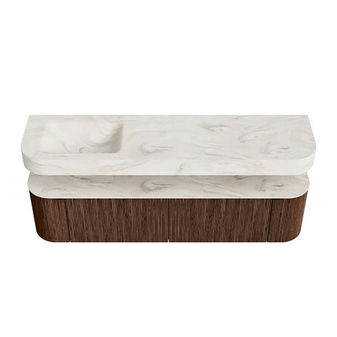 MONDIAZ THOR-DLUX Meuble de salle de bains 180cm arrondi gauche + droite couleur Walnut avec 2 tiroirs et 2 portes. Vasque suspendue CLOUD Gauche 1 trou de robinet couleur Ostra. SW1465971
