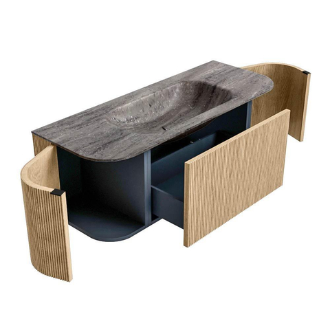 MONDIAZ KURVE-DLUX 120cm badmeubel ronding Links + Rechts kleur Oak met 1 lade en 2 deuren. Wastafel BIG SMALL Midden 1 kraangat Oza. SW1432640