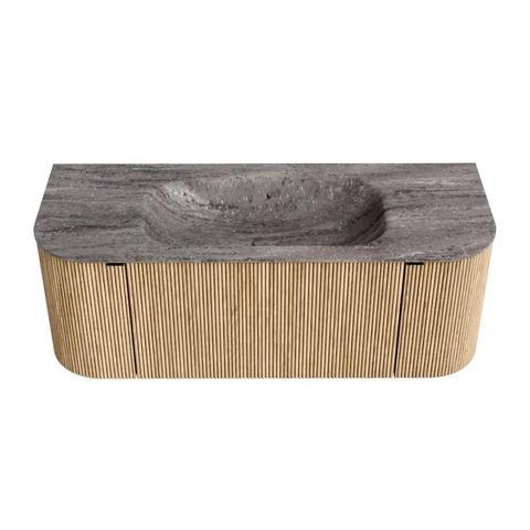 MONDIAZ KURVE-DLUX Meuble de salle de bains 120cm arrondi Gauche + Droite couleur Chêne avec 1 tiroir et 2 portes. Lavabo BIG SMALL Central sans trou de robinetterie Oza. SW1432613