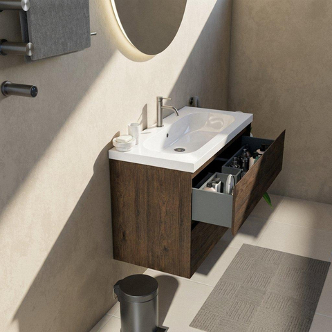 Saniclass Holz Pure Badkamermeubelset - 100x45x63.5cm - Palermo keramische wastafel wit - 1 wasbak - 1 kraangat - 2 lades - mat eiken charcoal (hout) SW1478618