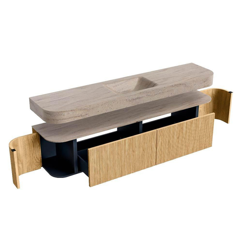 MONDIAZ THOR-DLUX 200cm meuble de salle de bains arrondi gauche + droite couleur Oak avec 2 tiroirs et 2 portes. Vasque suspendue CLOUD Milieu sans trou de robinet couleur Saba. SW1467212