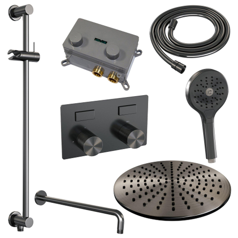 BRAUER gunmetal Carving Douche de pluie thermostatique encastrée - boutons-poussoirs - SET 70 - tête de douche 30cm - bras mural courbé - douchette 3 jets - flexible de douche - barre de douche intégrée - gunmetal brossé PVD SW925705