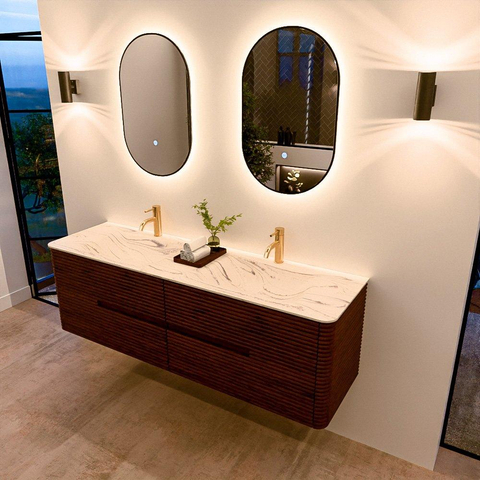Mondiaz CIRO-DLUX Badkamermeubelset - 160x45x50cm - Solid surface wastafel Nata - 2 wasbak Dubbel - 2 kraangaten - 4 lades - Ruby SW1532074