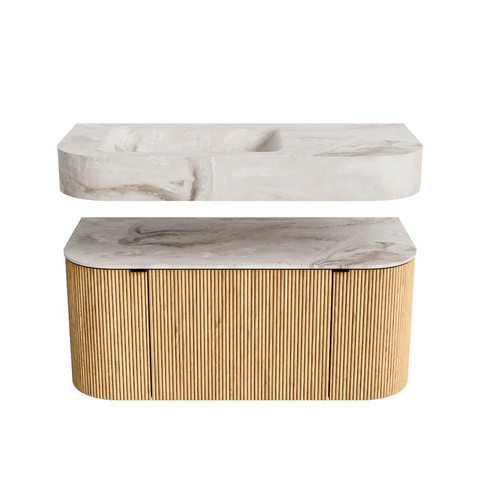 MONDIAZ THOR-DLUX 100cm badmeubel ronding links + rechts kleur Oak met 1 lade en 2 deuren. Vrijhangende wastafel CLOUD Links zonder kraangat kleur Frappe. SW1467303