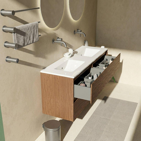 Saniclass Holz Pure Badkamermeubelset - 140x45x62cm - Vygo keramische wastafel wit - 2 wasbakken - zonder kraangaten - 4 lades - glans walnut pure (hout) SW1478926