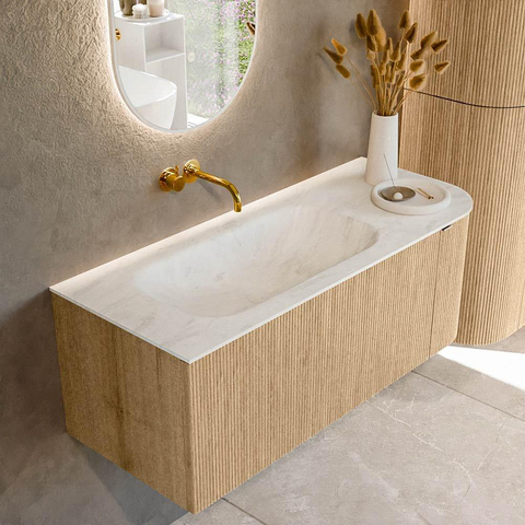 MONDIAZ KURVE-DLUX meuble de salle de bains 115cm avec module 25 R couleur chêne avec 1 tiroir et 1 porte. Lavabo BIG SMALL gauche sans trou de robinet couleur Opalo. SW1137529