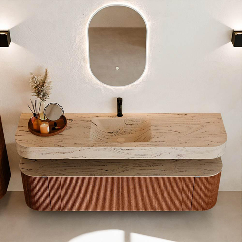 MONDIAZ THOR-DLUX Meuble de salle de bains - 170cm - arrondi gauche + droite - couleur Ruby - 1 tiroir et 2 portes - Vasque suspendue CLOUD Milieu 1 trou de robinet couleur Arena SW1465826