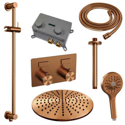BRAUER Copper Edition Thermostatische Regendouche inbouw - drukknoppen - SET 72 - 30cm hoofddouche - plafondarm - 3 standen handdouche - doucheslang - geïntegreerde glijstang - koper geborsteld PVD SW925614