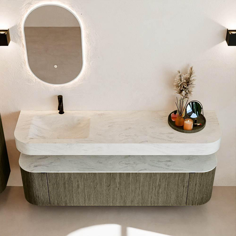 MONDIAZ THOR-DLUX Meuble de salle de bains 170cm arrondi gauche + droite couleur Shadow avec 1 tiroir et 2 portes. Vasque suspendue CLOUD Gauche 1 trou de robinet couleur Opalo. SW1465540