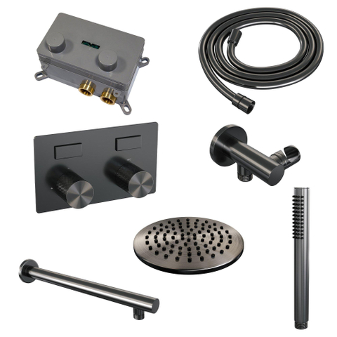 BRAUER gunmetal Carving Douche de pluie thermostatique encastrée - boutons-poussoirs - SET 49 - pomme de douche 20cm - bras mural droit - douchette stick - flexible de douche - coude de raccordement mural - gunmetal brossé PVD SW925680