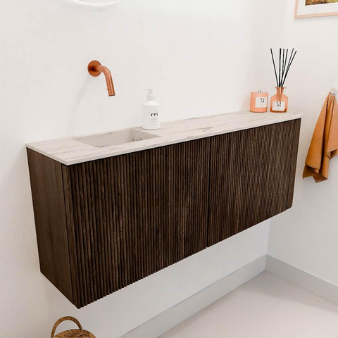 Mondiaz JOYA-DLUX Meuble de salle de bains 111.6cm - arrondi droite couleur Walnut - Vasque FAYE position Gauche Sans trou de robinet couleur Nata. SW1424538