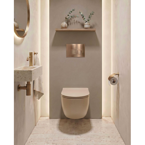 QeramiQ Dely Toiletset - 36.3x51.7cm - diepspoel - rimless - Geberit UP720 inbouwreservoir - softclose toilet zitting - koperen bedieningsplaat - rechthoekige knoppen - mat beige SW1426529