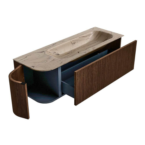 MONDIAZ KURVE-DLUX Meuble de salle de bains 135cm arrondi à gauche couleur Walnut avec 1 tiroir et 1 porte. Lavabo BIG MEDIUM à droite 1 trou de robinet Arena. SW1431226