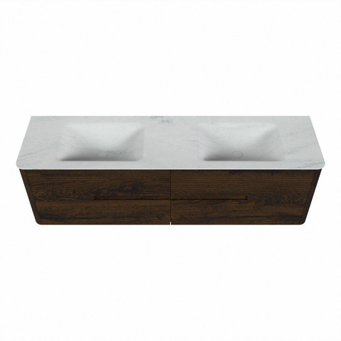 Mondiaz CIRO-DLUX Badkamermeubelset - 170x45x50cm - Solid surface wastafel Opalo - 2 wasbak Dubbel - 2 kraangaten - 4 lades - Walnut SW1530356