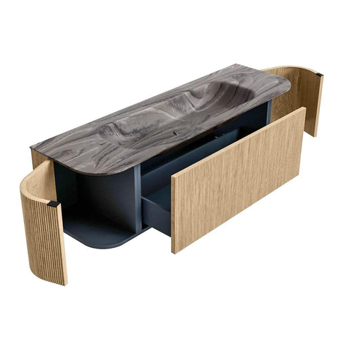 MONDIAZ KURVE-DLUX Meuble de salle de bains 150cm arrondi gauche + droite couleur chêne avec 1 tiroir et 2 portes. Lavabo BIG MEDIUM central 1 trou de robinet Sombra. SW1433559