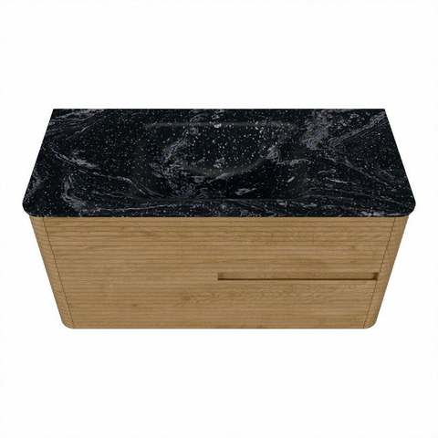 Mondiaz CIRO-DLUX Meuble de salle de bains - 100x45x50cm - Plan-vasque solid surface Lava - 1 cuve au milieu - sans trous de robinetterie - 2 tiroirs - Chêne SW1531071