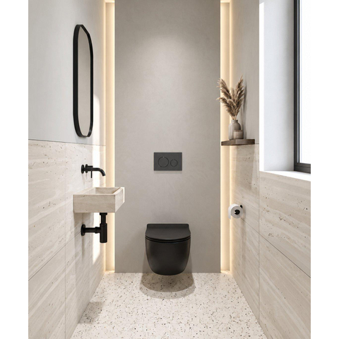 QeramiQ Dely Ensemble de toilette - réservoir encastré Qeramiq Flush - abattant 35mm - plaque de commande en pierre naturelle marbre foncé - boutons ronds - noir mat SW1578513