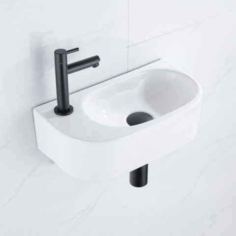 QeramiQ Fuente fonteinset – halfrond – 40x21.5x12 cm – keramiek wit glans – kraangat links – mat witte kraan SW1419341