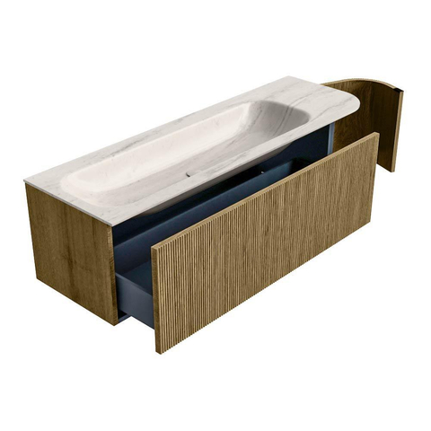 MONDIAZ KURVE-DLUX Meuble de salle de bains 145cm arrondi Droite couleur Dusk avec 1 tiroir et 1 porte. Lavabo BIG LARGE Gauche sans trou de robinet Meli. SW1431899