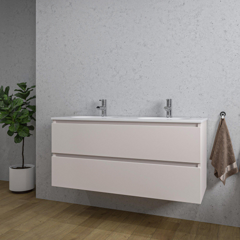 Saniclass Chaci Meuble de salle de bain - 120x46x55cm - lavabo en céramique blanc - 2 vasques ovales - 2 trous de robinet - 2 tiroirs - mat cotton (beige) SW1182325