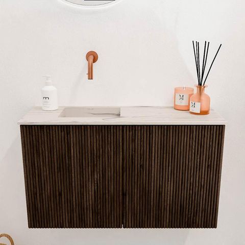 Mondiaz JOYA-DLUX 70cm meuble de salle de bains - couleur Walnut - Vasque FAYE position Gauche Sans trou de robinet couleur Nata. SW1424486