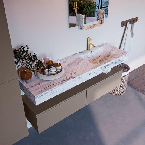 Mondiaz ALAN-DLUX Ensemble de meuble - 150cm - meuble Smoke mat - 2 tiroirs - Lavabo Cloud Glace suspendu - vasque Droite - 1 trou de robinet SW804980