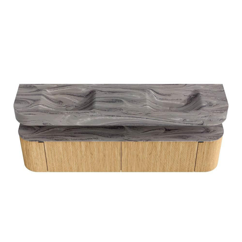 MONDIAZ THOR-DLUX Meuble de salle de bains 190cm arrondi gauche + droite couleur Oak avec 2 tiroirs et 2 portes. Vasque suspendue CLOUD Double sans trou de robinet couleur Sombra. SW1466711